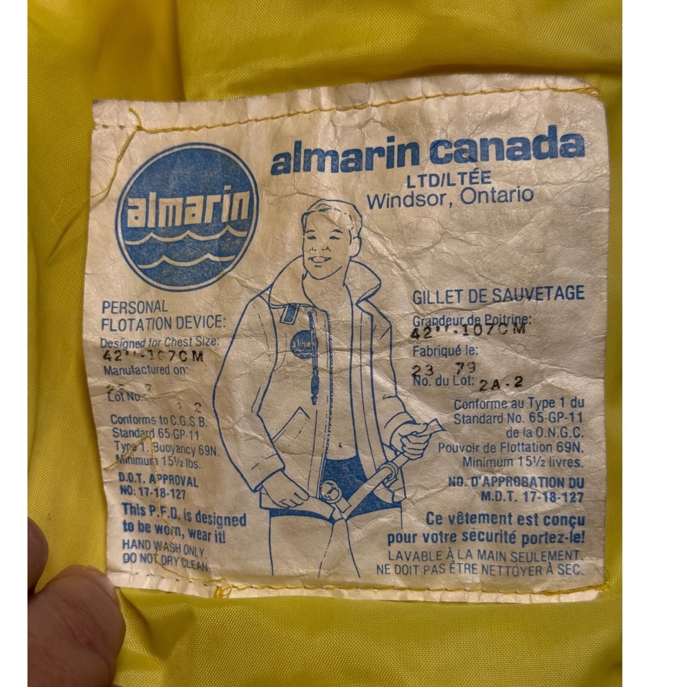 Almarin Canada PFD Flotation Jacket Yellow Nautical Safety Coat Whistle L Vntg - Picture 3 of 15